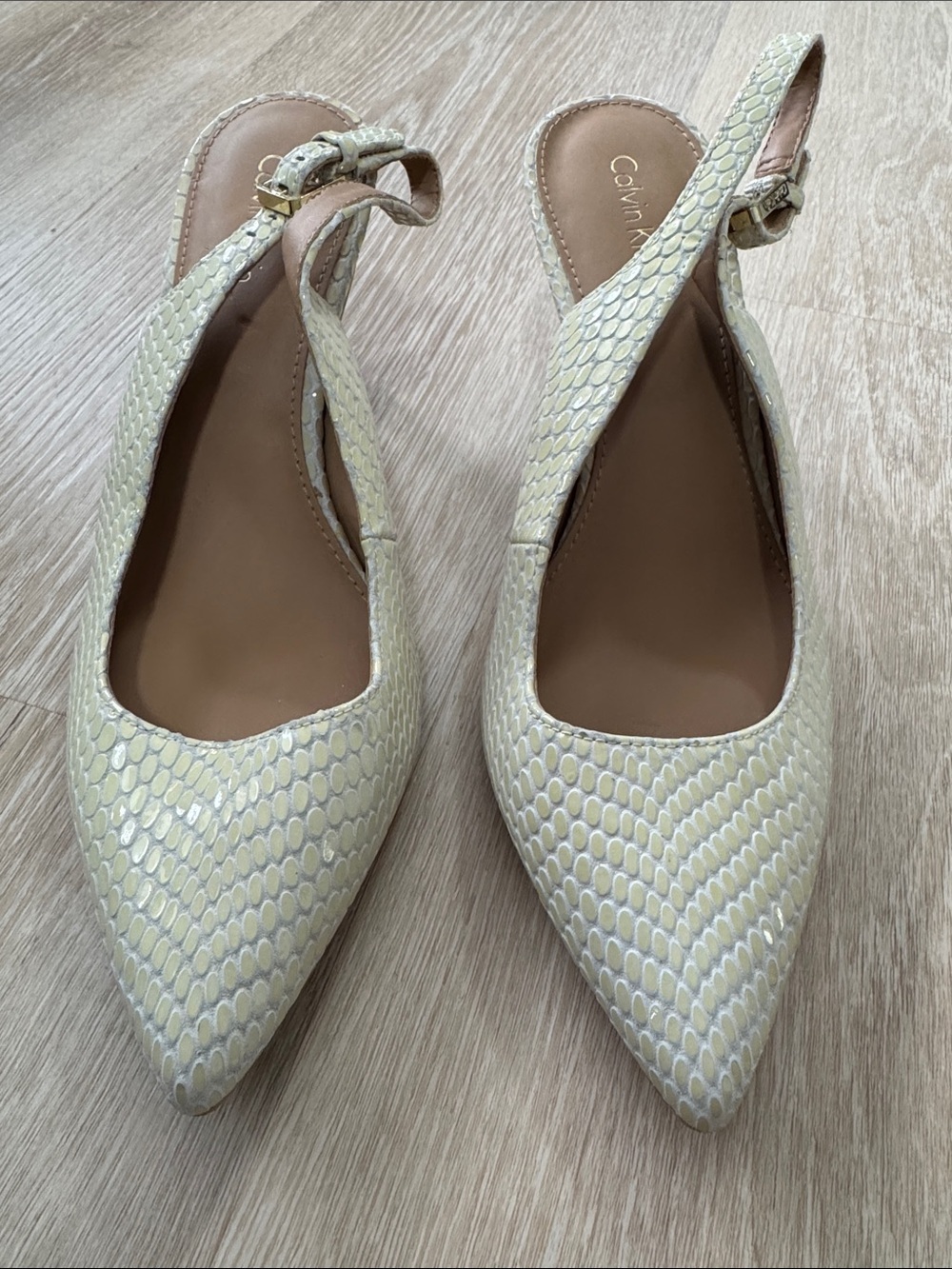 Calvin Klein Pale Yellow Snake-Embossed Slingback Flats